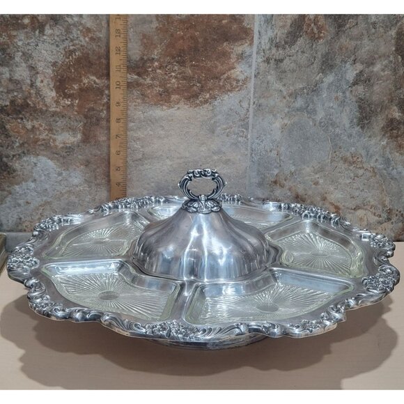 Vintage Silver Plated Lazy Susan Serving Platter 19" Turn Table Vegetable Dip C - Picture 8 of 13